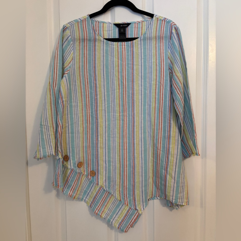 Ali Miles Multicolor Striped Asymmetrical Tunic. Size M. Linen/Cotton